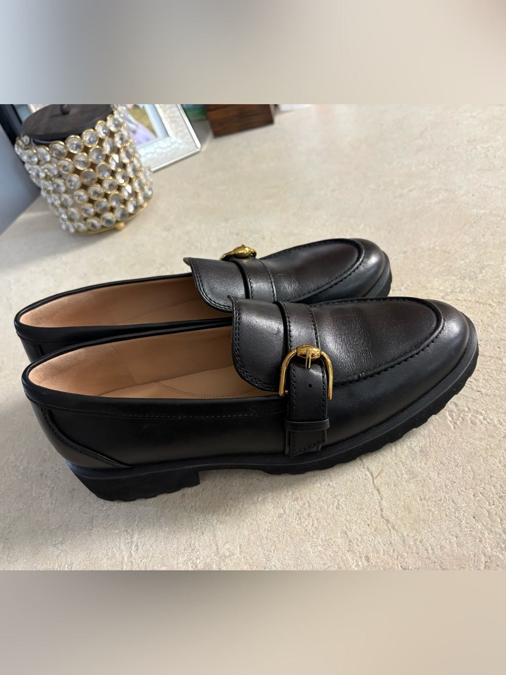 Cole Haan Black Leather Buckle Moccasins